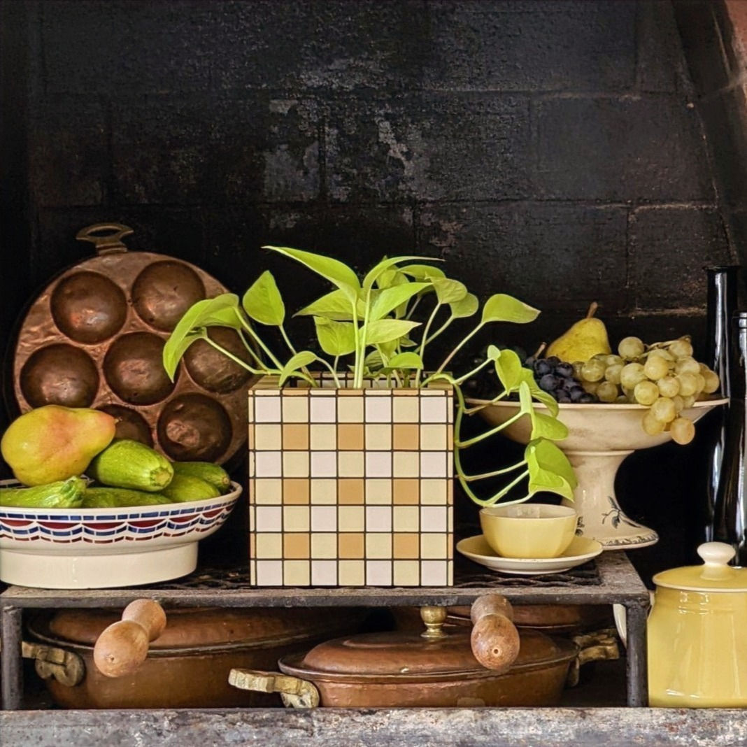 Gingham plant holder - Yellow