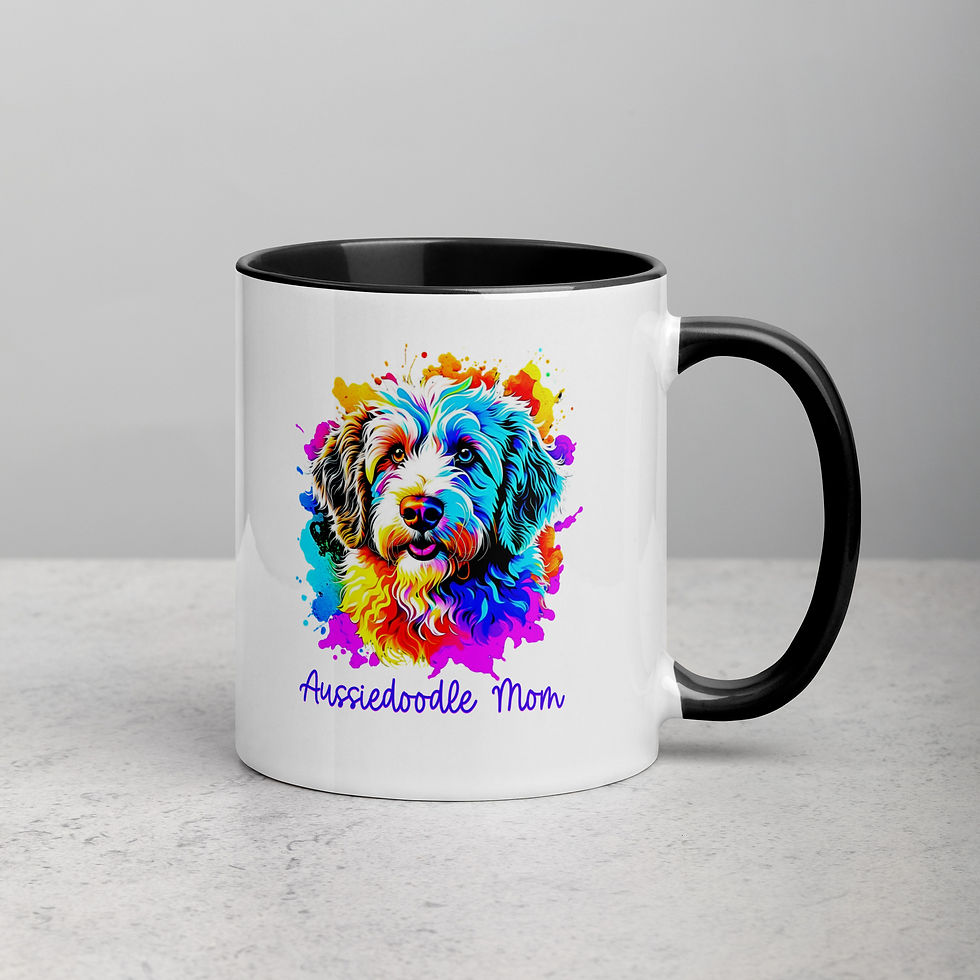 Thumbnail: Aussiedoodle Mom Mug with Black Color Inside and splashy disign outside - printed on both sides 11oz