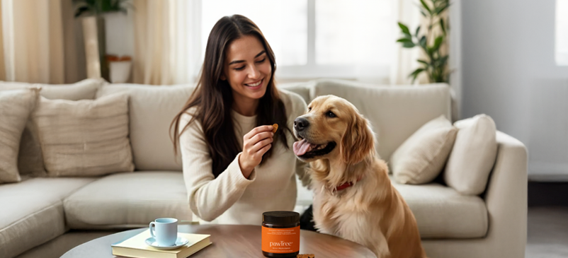 Smiling woman giving her golden retriever a pawTree supplement treat at home, showing how targeted nutrition can easily be part of a pet’s daily routine