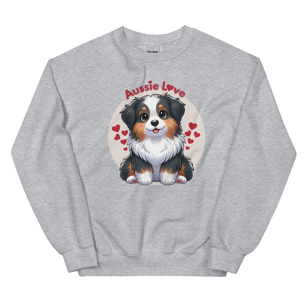 Thumbnail: Grey front Aussie Love unisex sweatshirt with a cute Australian Shepherd print