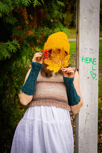 Davvi Collection Balva Beanie and Suohtas Wrist Warmers and knitted vest by Studio Minta Peltokangas