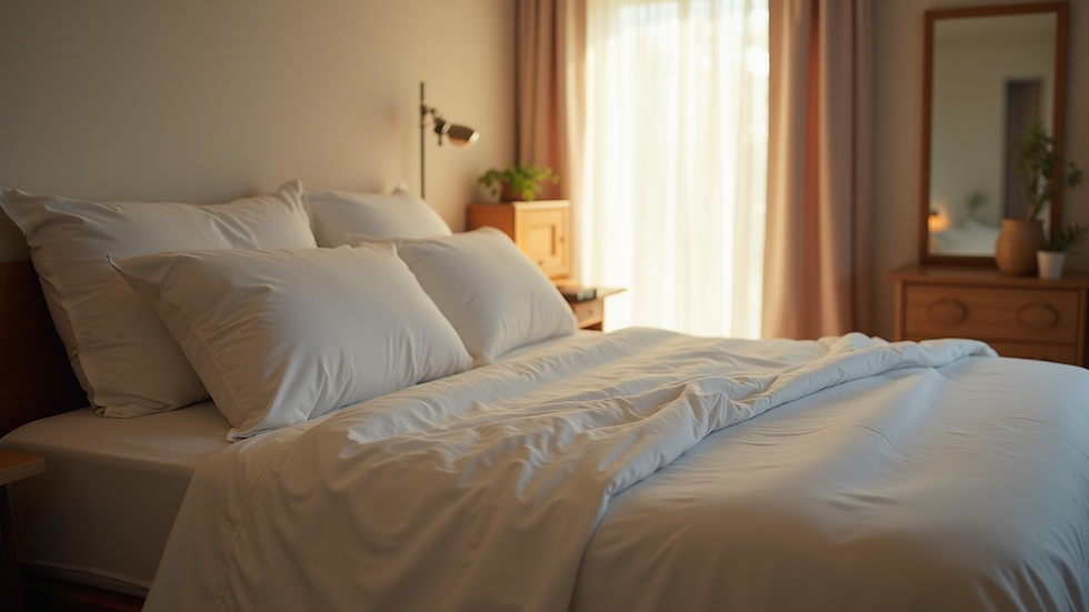 Eye-level view of a cozy bedroom with soft lighting and a neatly made bed