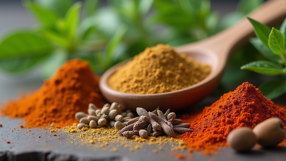 Close-up view of a variety of herbs and spices used for natural remedies