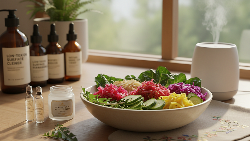 Close-up of a bowl of colorful gut-friendly foods like fermented vegetables and leafy greens