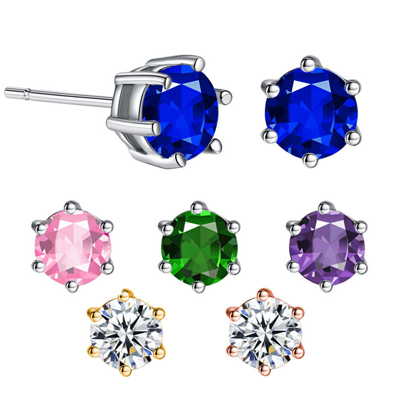 Fashionable Six-Claw Stud Earrings with Colorful Zirconia