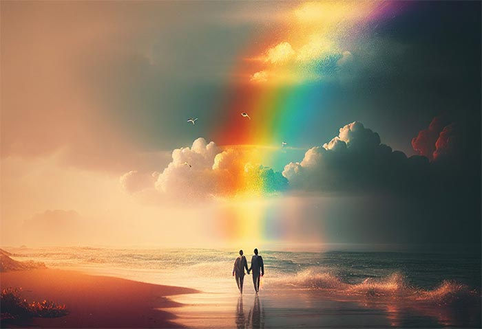 Two people walk hand in hand on a beach toward a vibrant rainbow