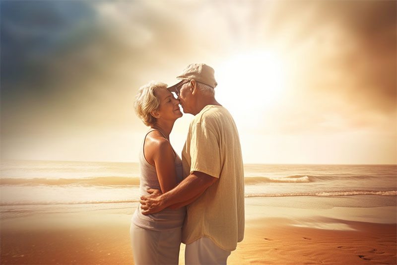loving couple on the beach hugged by the sun