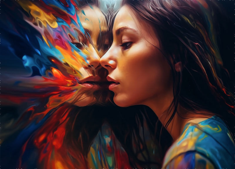 A woman close to her colorful, strange figure in appearance