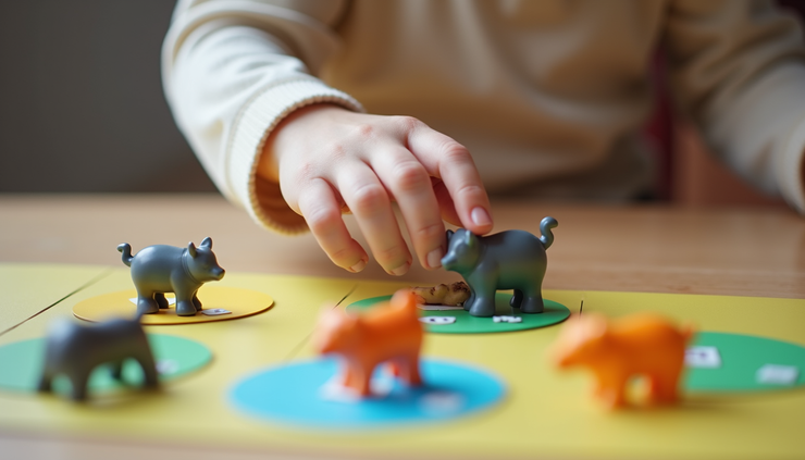 Close-up of a child’s hand placing toy farm animals on numbered mats during a counting activity