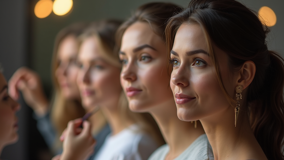 Eye-level view of a beauty workshop with participants learning makeup techniques