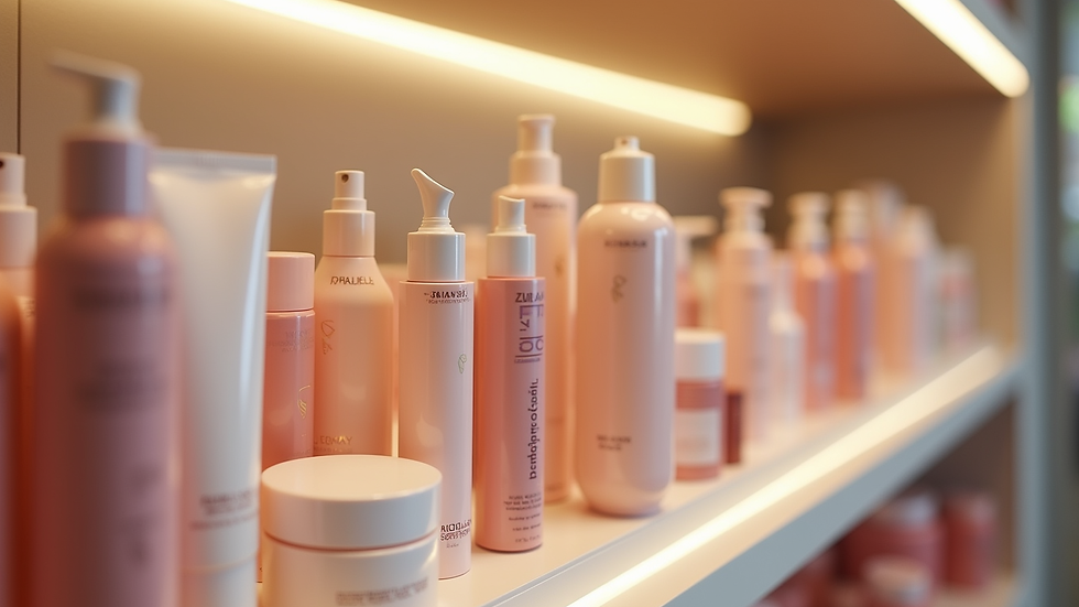 Close-up view of beauty products arranged neatly on a display shelf
