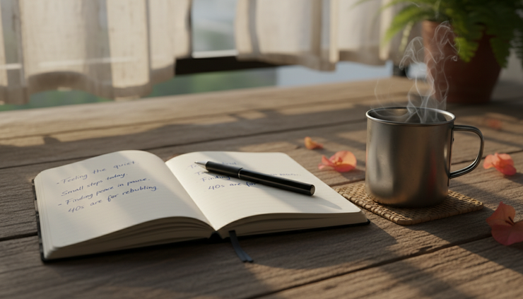 Close-up view of a notebook with handwritten reflections beside a cup of tea