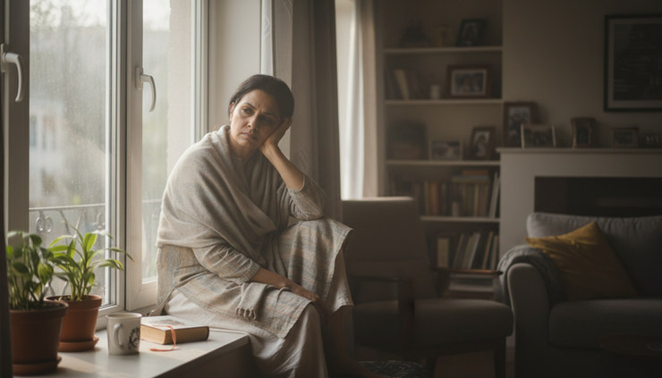 Eye-level view of a person sitting quietly by a window at home