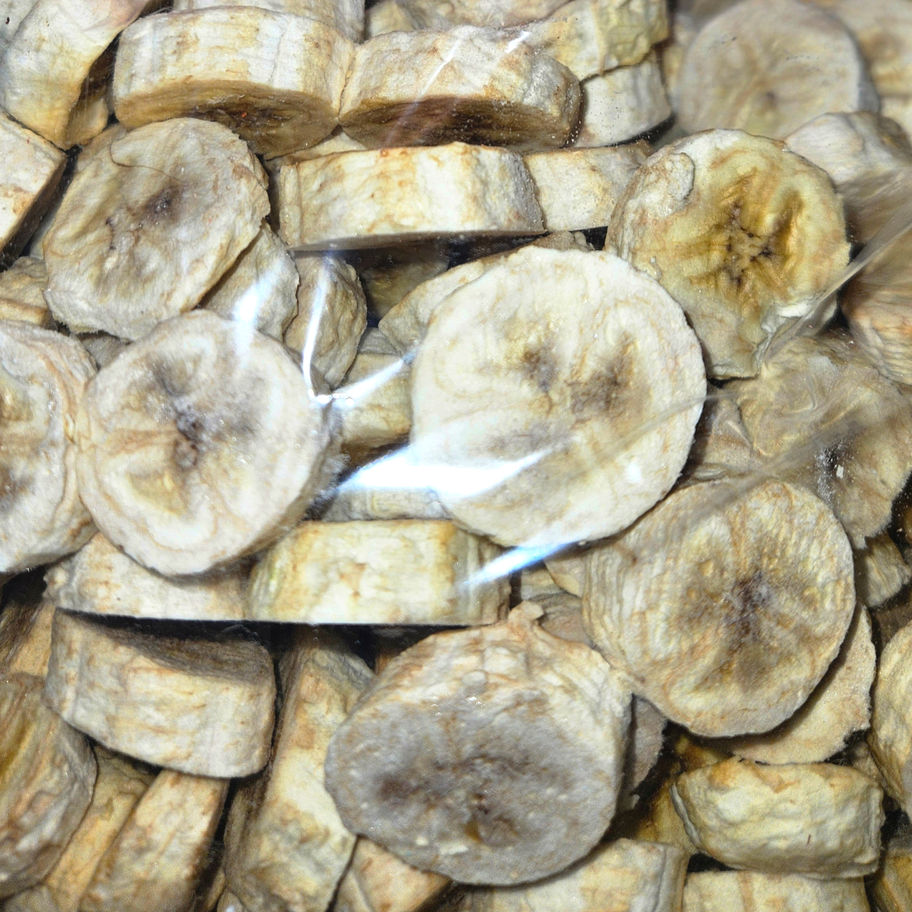 Sliced bananas freeze dried in a bag.