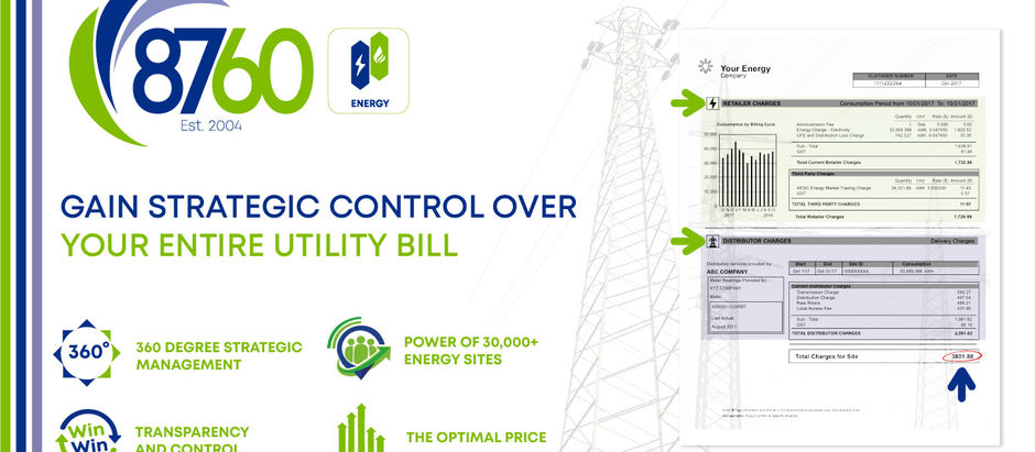 An energy bill displaying 8760's 360-degree integrated energy management approach.