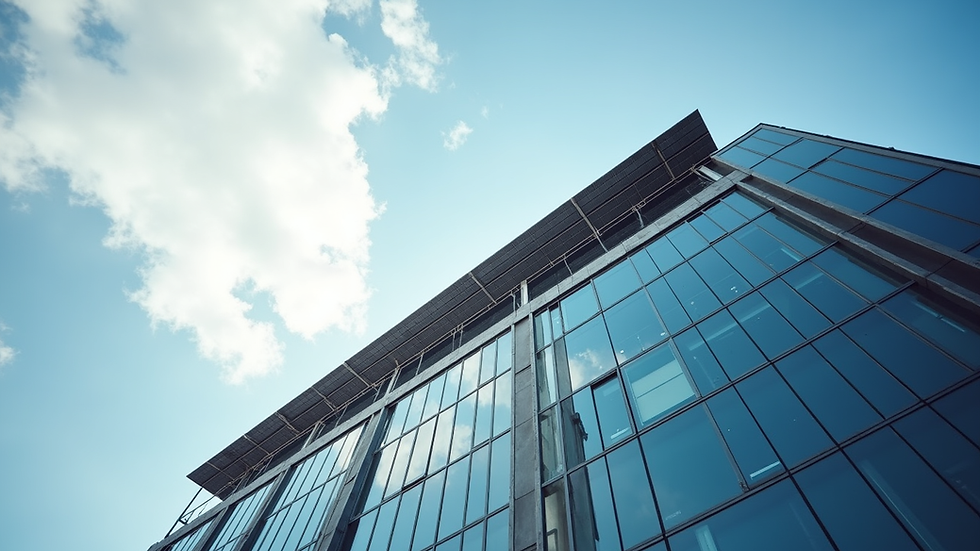 Eye-level view of a modern office building with solar panels on the roof