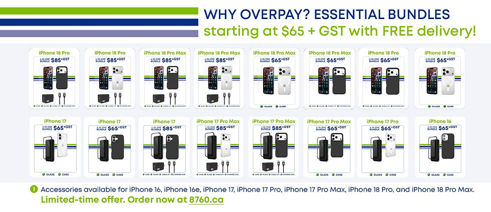Ad showing iPhone 16-18 accessory bundles with cases, glass, cables and chargers; prices from $65 + GST, free delivery.