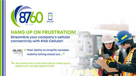 760 Cellular ad with two construction workers in hard hats checking a smartphone beside surveying equipment; Hang Up on Frustration.