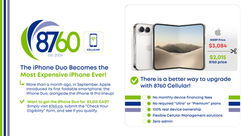8760 Cellular ad shows foldable iPhone Duo, MSRP $3,084 cut to $2,015, with headline about the most expensive iPhone ever.