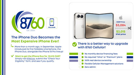 8760 Cellular ad shows foldable iPhone Duo, MSRP $3,084 cut to $2,015, with headline about the most expensive iPhone ever.