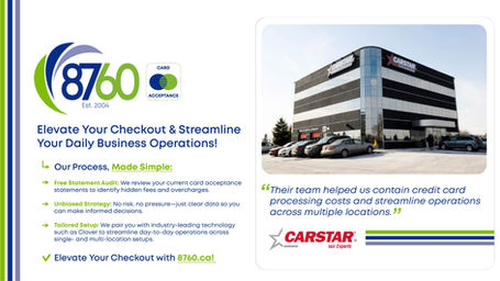 8760 card acceptance ad with CARSTAR building photo, logo, and text about streamlining checkout and reducing credit card costs.
