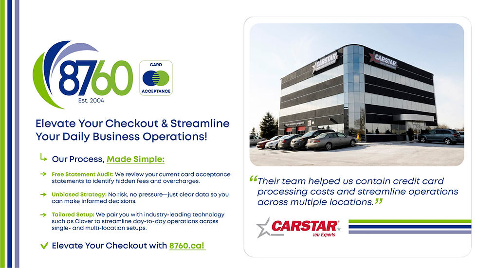 8760 card acceptance ad with CARSTAR building photo, logo, and text about streamlining checkout and reducing credit card costs.