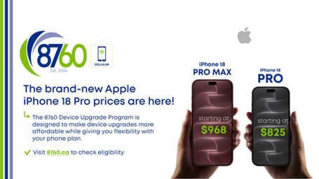 8760 Cellular ad showing iPhone 18 Pro Max and Pro held in hands, prices $968 and $825, with Apple logo and promo text.