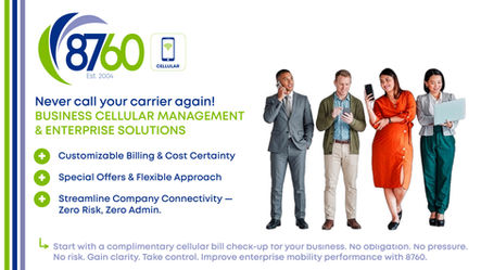 8760 Cellular business ad with four professionals using phones and a laptop, plus the slogan Never call your carrier again!