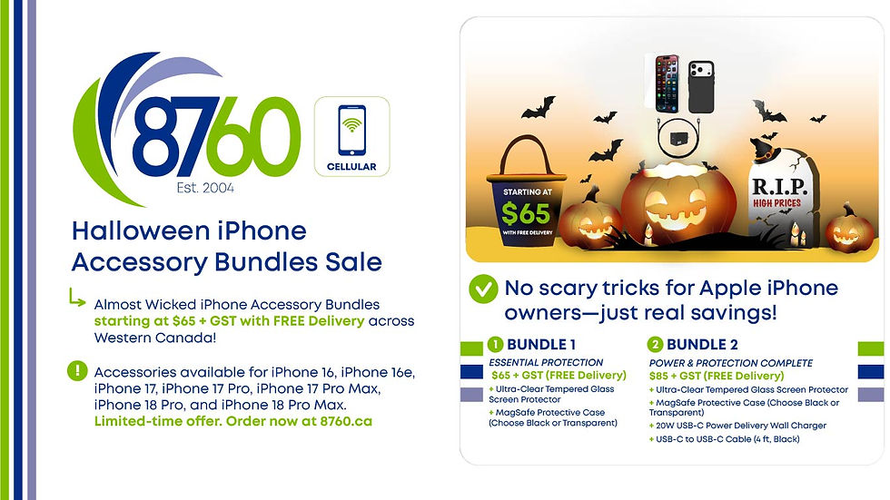 Halloween iPhone accessory sale ad from 8760 Cellular, showing spooky pumpkins, bats, and bundle prices starting at $65 with free delivery