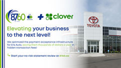 8760 and Clover ad over Toyota dealership photo, with text about elevating business and no-risk statement review at 8760.ca