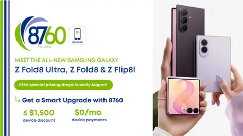 8760 Cellular ad for Samsung Galaxy Z Fold8 Ultra, Z Fold8 and Z Flip8, with phones in hand and special pricing offers.