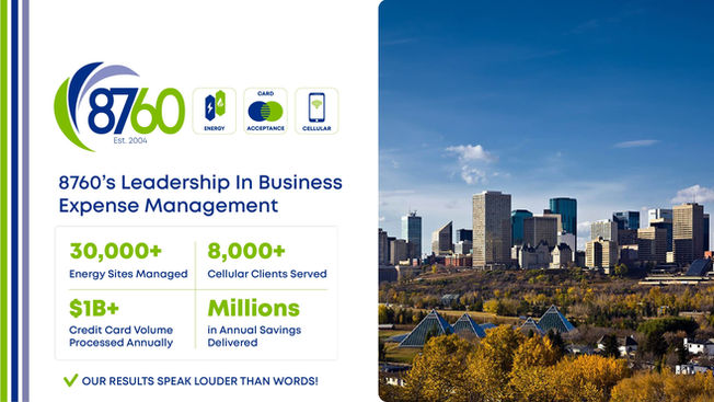 8760 business expense management infographic with stats and icons beside a sunny Edmonton city skyline photo, blue and green branding