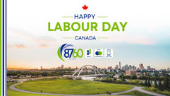 Happy Labour Day Canada poster with maple leaf, 8760 logo, and city skyline with bridge at sunset