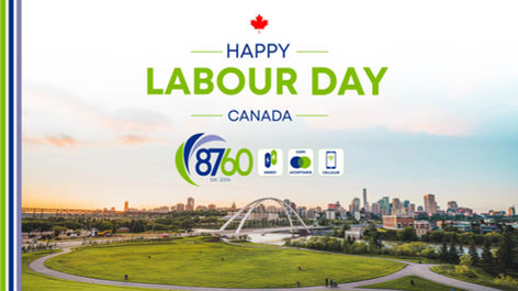 Happy Labour Day Canada poster with maple leaf, 8760 logo, and city skyline with bridge at sunset
