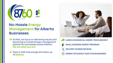 8760 energy ad with smiling coworkers in meeting; text promotes no-hassle energy management for Alberta businesses and 8760.ca