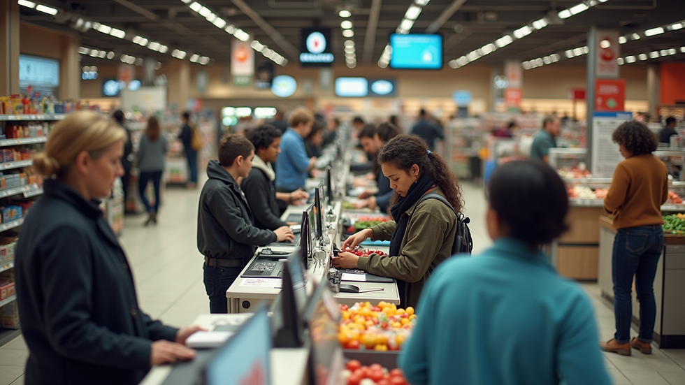 High angle view of a busy retail checkout lane with customers paying