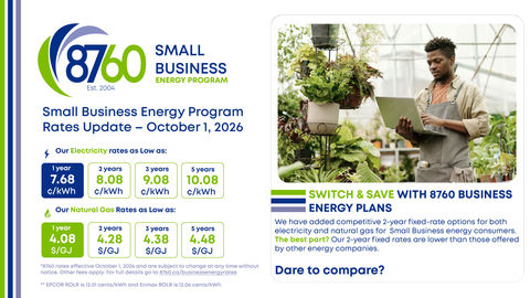 8760 Small Business Energy Program poster with greenhouse worker using laptop and rate boxes for electricity and gas, Oct. 1, 2026