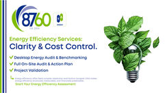8760 Energy Efficiency Services ad with leafy lightbulb, promoting Clarity & Cost Control and audits, action plan, validation.