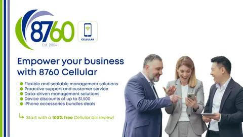 8760 Cellular promo with three smiling business people reviewing a phone, and text: Empower your business with 8760 Cellular