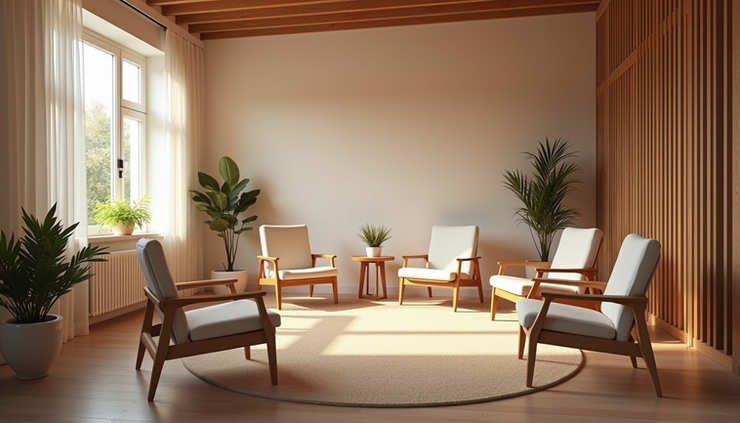 Eye-level view of a community mediation room with chairs arranged in a circle