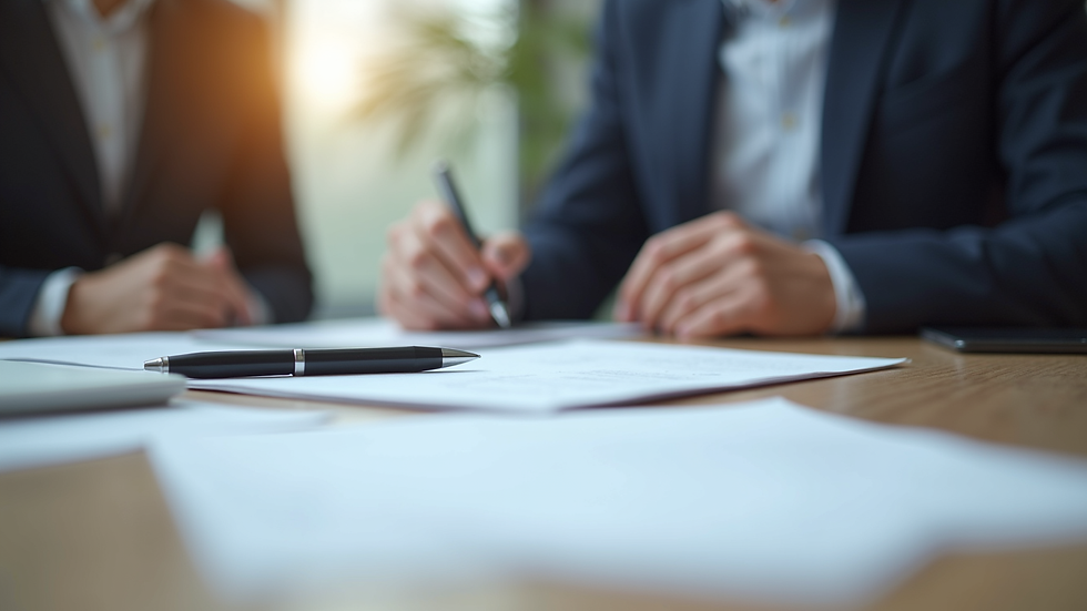 Close-up view of a mediator’s table with notes and a pen ready for discussion