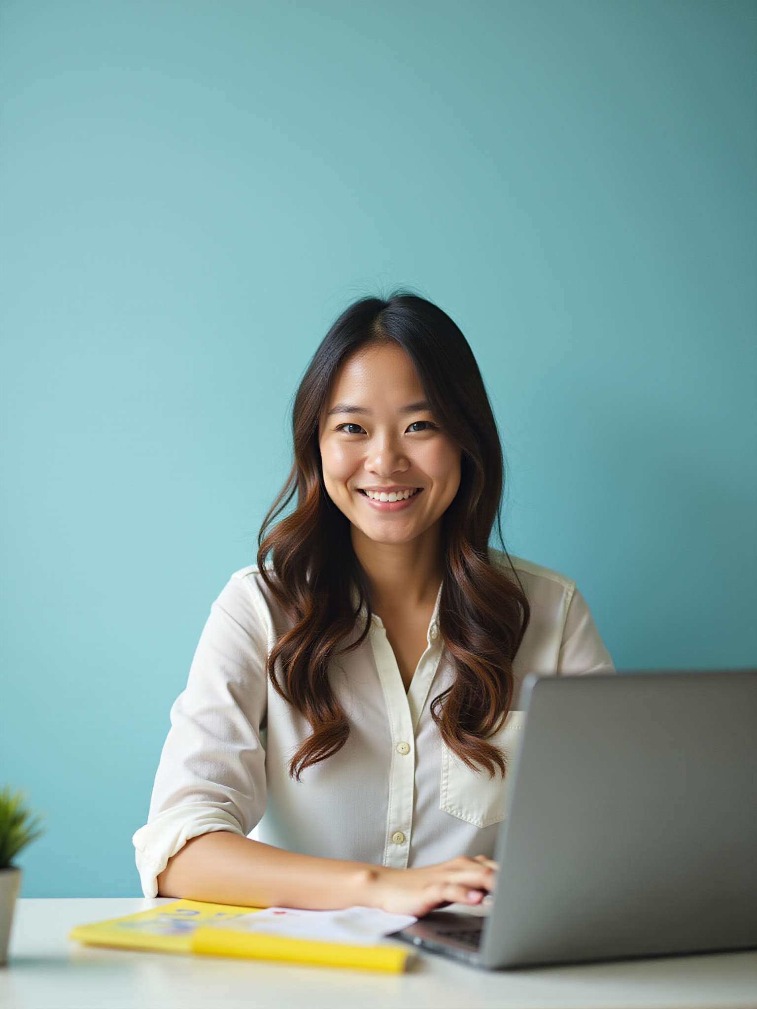 Smiling woman using laptop, Education Center