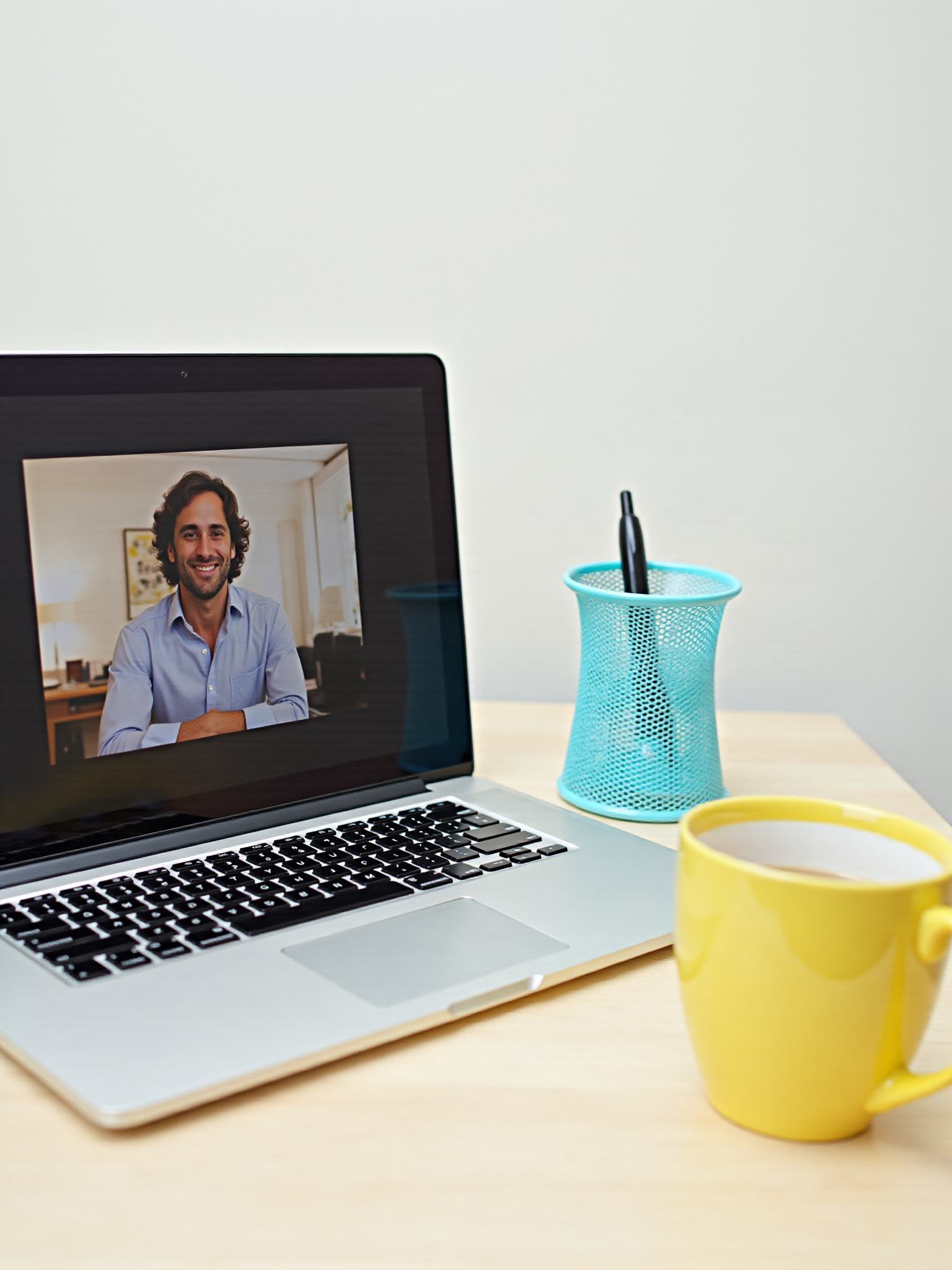 Man video conferencing on laptop