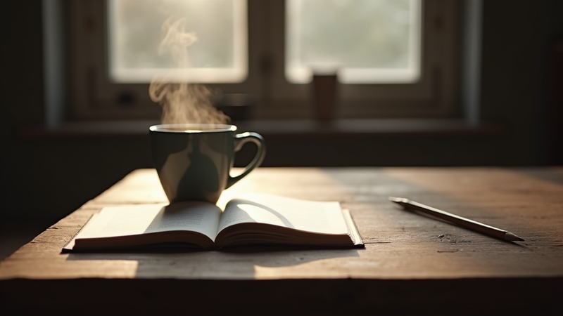 Cover page. Coffee mug on table.