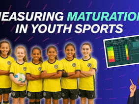youtube thumbnail with the heading measuring maturation in youth sports, with a girls soccer team in yellow, and a colourful dashboard displaue