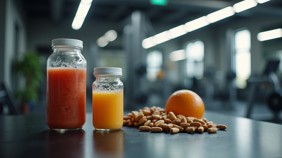 Eye-level view of a gym table with protein shakes and supplements