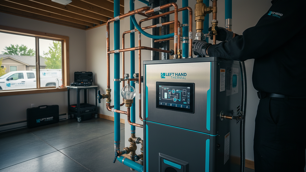 Close-up view of a hydronic heating boiler with control panel