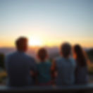 A family sitting outside enjoying the summer day, watching the sunset over the mountains.j