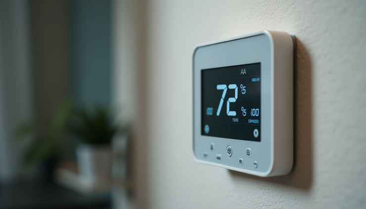 Close-up view of a heat pump thermostat displaying temperature settings inside a Colorado home