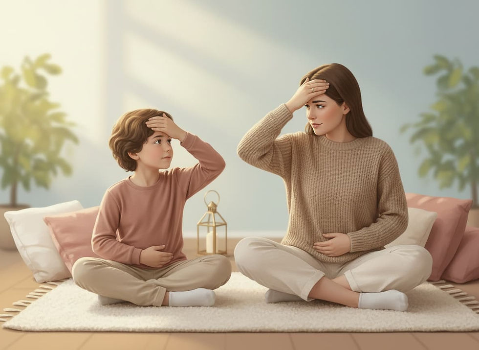 A mother and son each hold acupressure points to stabilize their nervous system together, practicing co-regulation